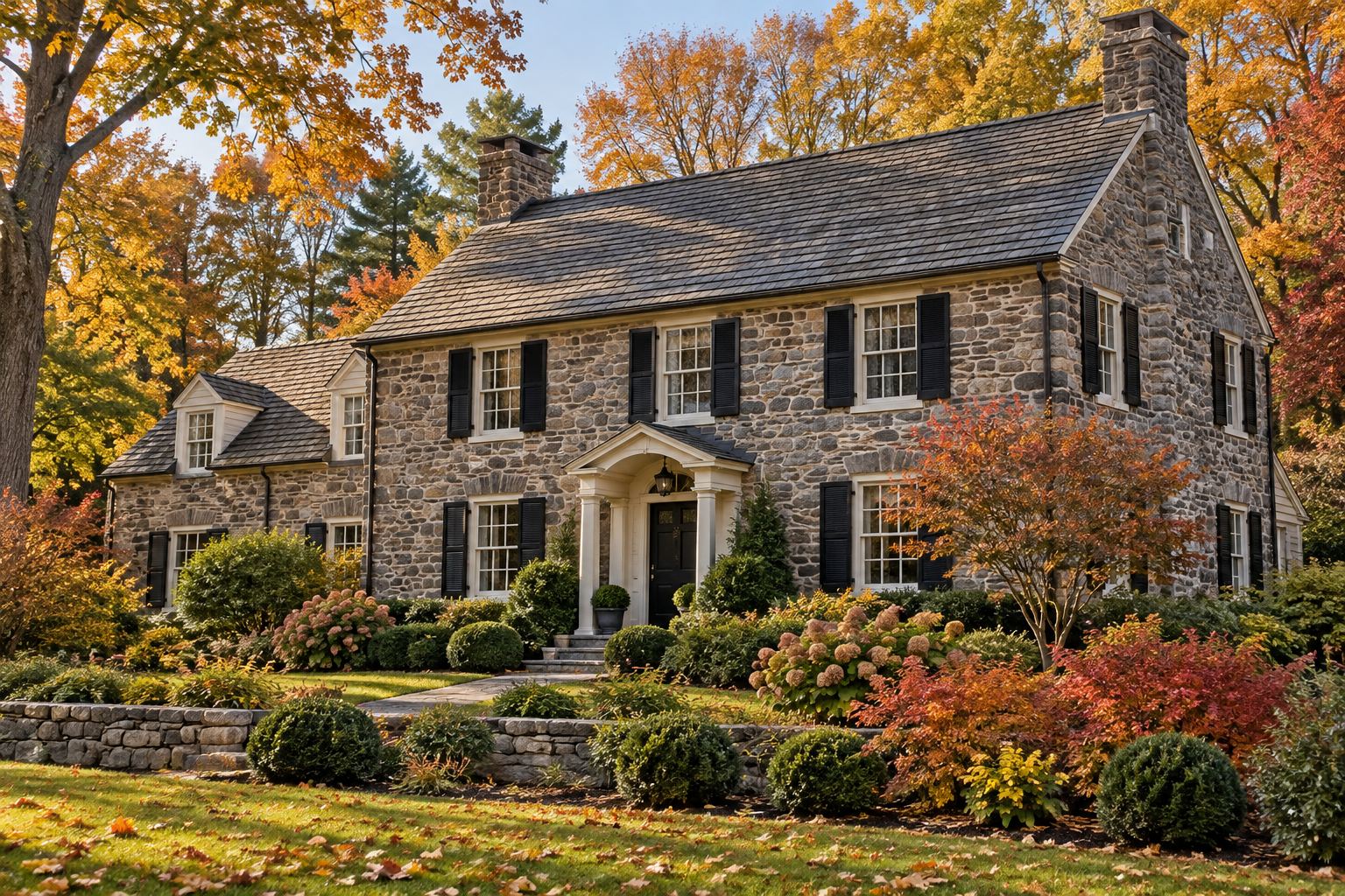A fieldstone farmhouse home, illustrative