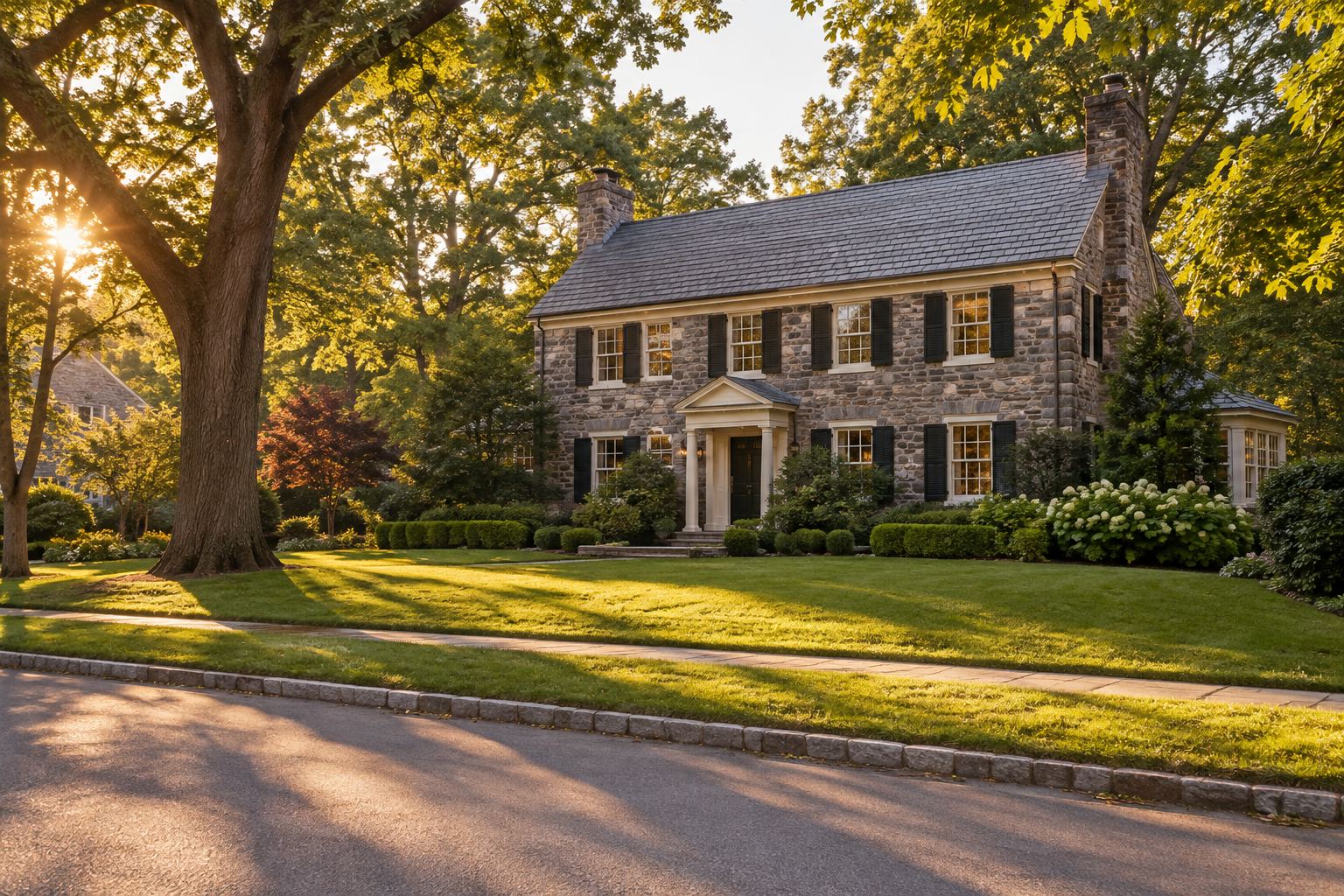 A stone colonial home on a leafy Main Line street, illustrative