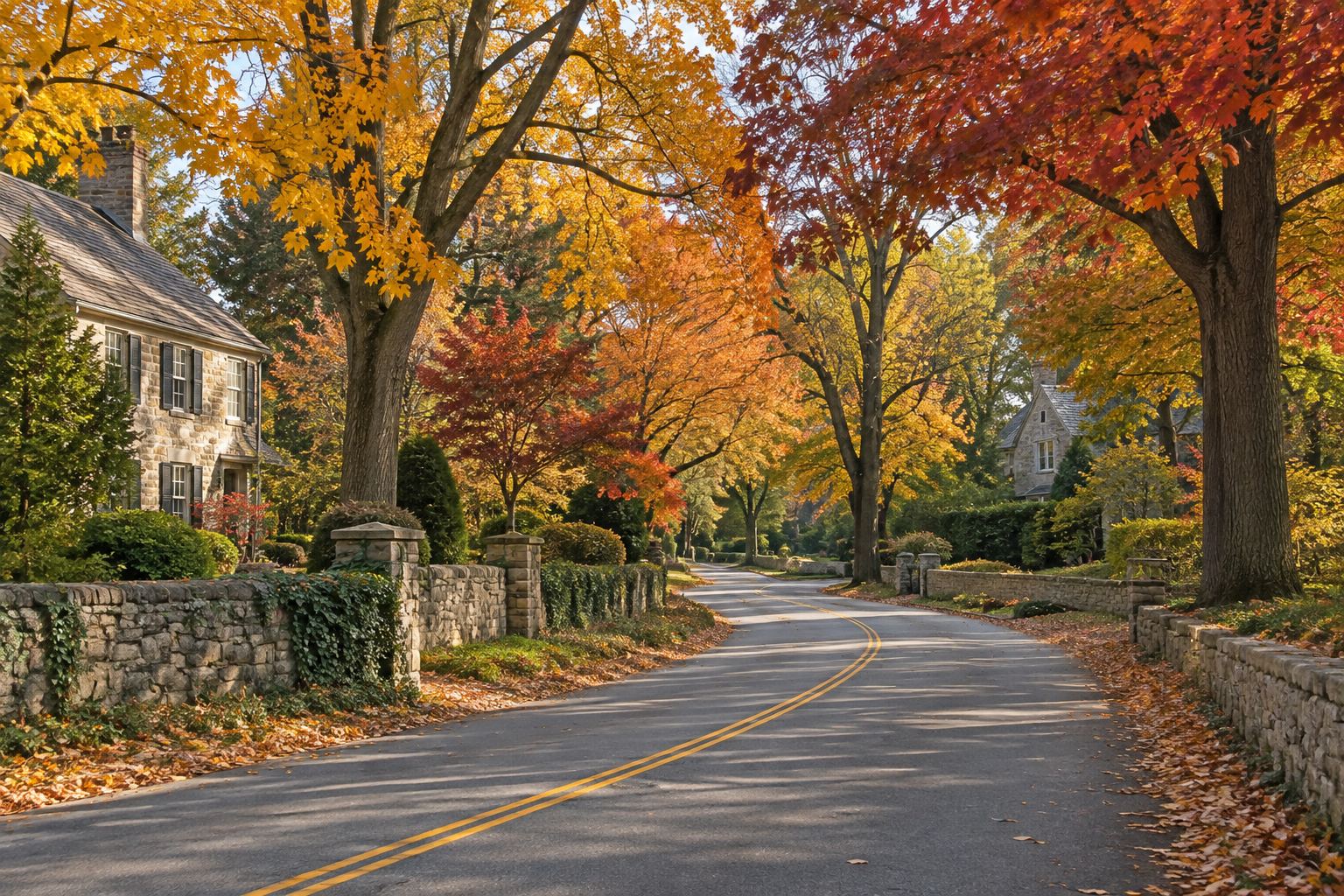A tree-lined Main Line road in autumn, illustrative