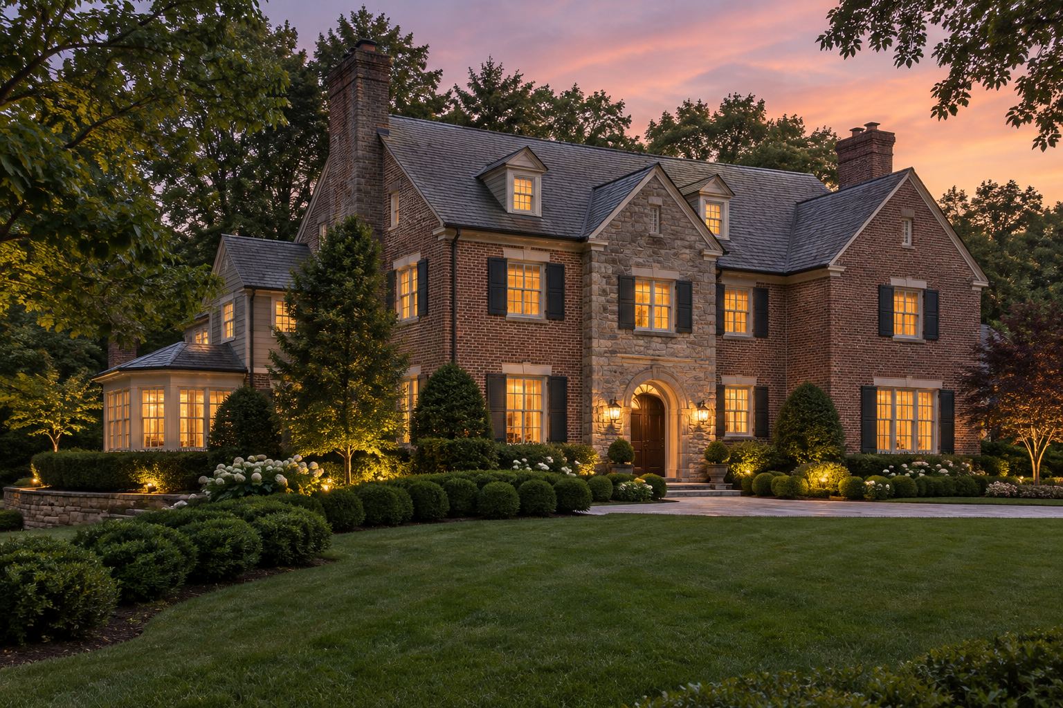A brick and stone Main Line home at dusk, illustrative