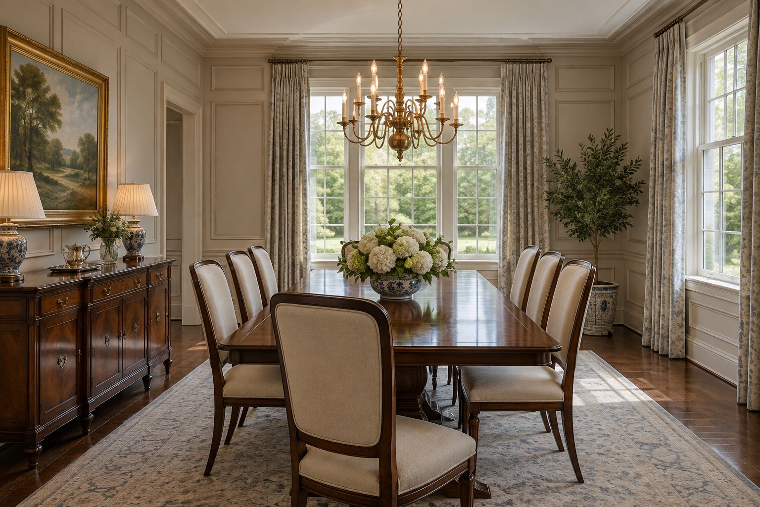 A paneled Main Line dining room, illustrative